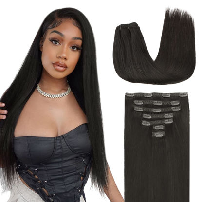 Picture of Lashey Hair Extensions Real Human Hair, 20 Inch Natural Black #1B Color 120g 7pcs, Clip in Hair Extensions Real Human Hair Remy Straight Long Hair Extensions Clip in Thick Hair for Black Women