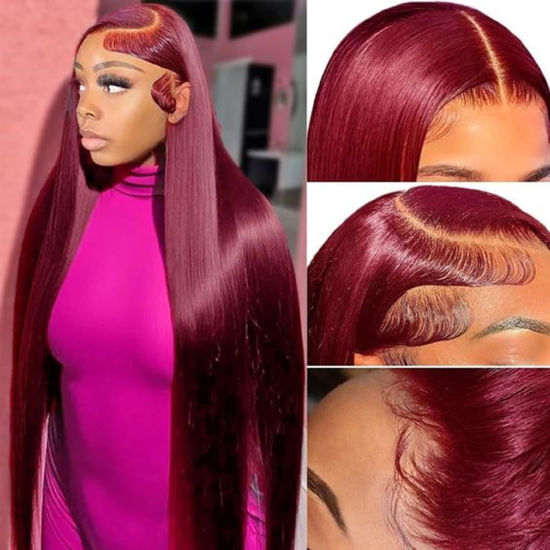 Picture of bunGiol 13x6 99j Burgundy Lace Front Wigs Human Hair Pre Plucked HD Straight Lace Front Wigs Human hair Glueless 30 Inch Red Wig Wine Red Colored Lace Front Wigs For Women 180 Density