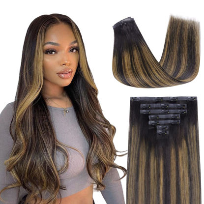 Picture of Lashey Straight Seamless Clip in Hair Extensions Human Hair 110g 7pcs 22 Inch Long Natural Black Mixed Chestnut Brown PU Weft Clip in Hair Extensions for Black Women