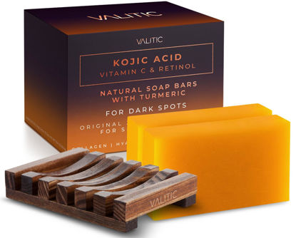 Picture of VALITIC Kojic Acid Vitamin C and Retinol Soap Bars with Turmeric for Dark Spot - Original Japanese Complex with Collagen, Hyaluronic Acid, Vitamin E (2-Pack) - with Soap Holder