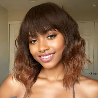 Picture of AISI HAIR Synthetic Wavy Curly Bob Wig with Bangs Ombre Brown to Auburn Brown Wig Short Hair for Women Synthetic Heat Resistant Bob Wigs