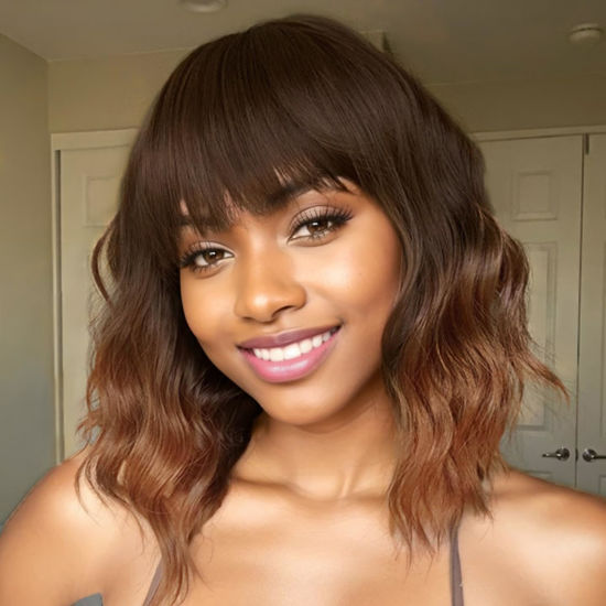 Picture of AISI HAIR Synthetic Wavy Curly Bob Wig with Bangs Ombre Brown to Auburn Brown Wig Short Hair for Women Synthetic Heat Resistant Bob Wigs