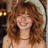 Picture of AISI HAIR Synthetic Wavy Curly Bob Wig with Bangs Cooper Blonde Short Wavy Hair for Women Synthetic Heat Resistant Bob Wigs