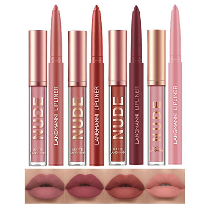 Picture of LANGMANNI 4pcs Matte Lipstick with Lipliners Durable Makeup Set,Long-Lasting Non-Stick Cup Not Fade Waterproof Pigmented Velvet Lipgloss Kit Beauty Cosmetics Makeup Gift for Girls(#1+3+5+7)