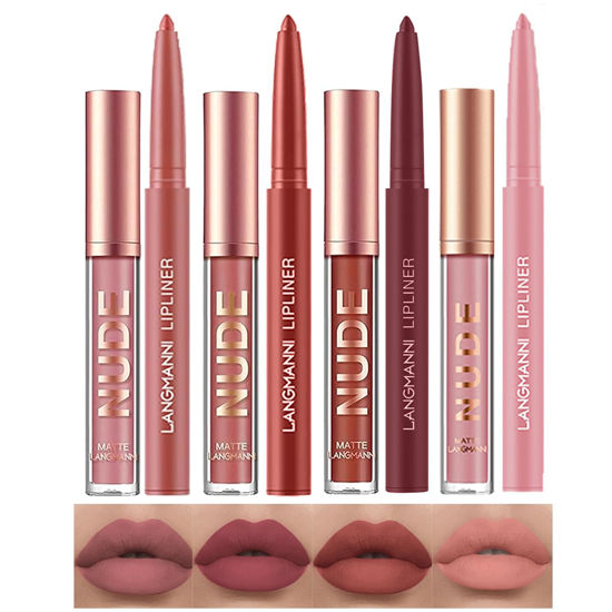 Picture of LANGMANNI 4pcs Matte Lipstick with Lipliners Durable Makeup Set,Long-Lasting Non-Stick Cup Not Fade Waterproof Pigmented Velvet Lipgloss Kit Beauty Cosmetics Makeup Gift for Girls(#1+3+5+7)