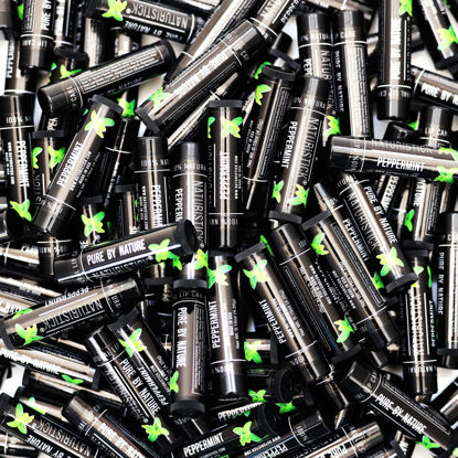 Picture of 150-Pack Lip Balm in Bulk by Naturistick. Peppermint Scent in Classic Black Tubes. 100% Natural Ingredients. Best Beeswax Chapstick for Dry, Chapped Lips. Made in USA