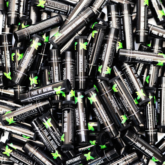 Picture of 150-Pack Lip Balm in Bulk by Naturistick. Peppermint Scent in Classic Black Tubes. 100% Natural Ingredients. Best Beeswax Chapstick for Dry, Chapped Lips. Made in USA