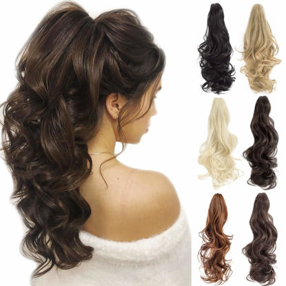 Picture of FELENDY Ponytail Extension Claw 18" 20" Curly Wavy Straight Clip in Hairpiece One Piece A Jaw Long Pony Tails for Women Grey Silver