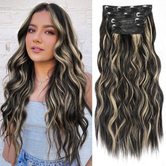Picture of ALXNAN Clip in Hair Extensions for Women, Black Mix Blonde Long Wavy Hair Extensions Clip Ins 4PCS 20 Inch Synthetic Soft and Natural Thick Hair Pieces for Women
