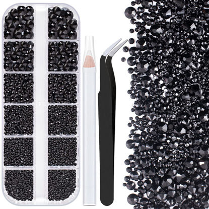 Picture of One Pack 2000 Pcs of Flatback Round Black Rhinestones 6 Sizes (1.5-6 mm) with Nail Art Rhinestone Picker Pencil And Tweezers For DIY And Salon Use