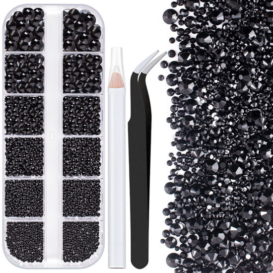 Picture of One Pack 2000 Pcs of Flatback Round Black Rhinestones 6 Sizes (1.5-6 mm) with Nail Art Rhinestone Picker Pencil And Tweezers For DIY And Salon Use