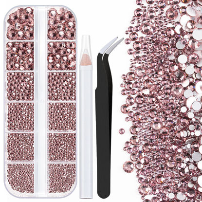 Picture of One Pack 2000 Pcs of Flatback Round Pale Purple Rhinestones 6 Sizes (1.5-6 mm) with Nail Art Rhinestone Picker Pencil And Tweezer For DIY And Salon Use