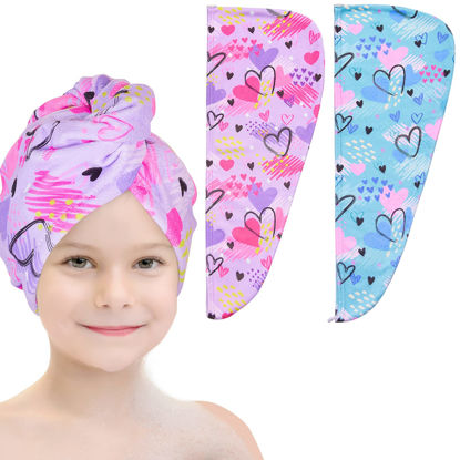 Picture of Basumee Microfiber Hair Towel Wrap for Kids 2 Pack Rapid Drying Hair Towel with Button Hair Turbans for Wet Hair Wraps Head Towel Wrap for Women and Girls, Blue and Purple Love