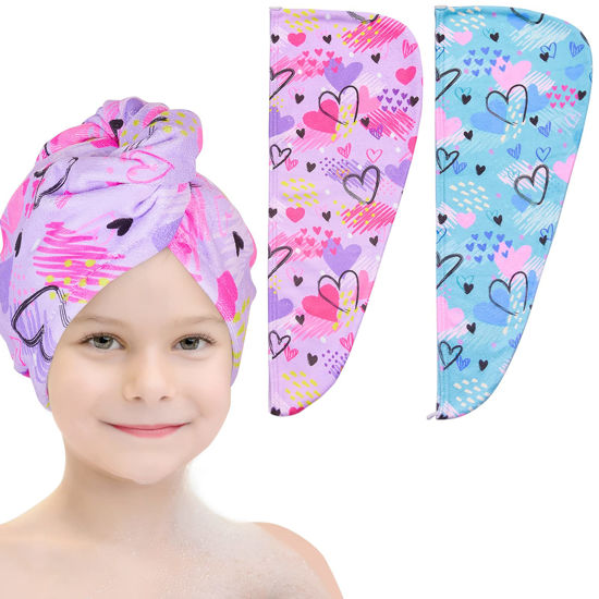Picture of Basumee Microfiber Hair Towel Wrap for Kids 2 Pack Rapid Drying Hair Towel with Button Hair Turbans for Wet Hair Wraps Head Towel Wrap for Women and Girls, Blue and Purple Love