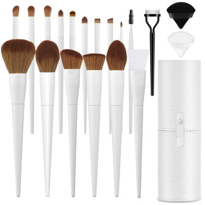 Picture of LUXBRU Makeup Brushes With Case 20PCs Professional Makeup Brush Set, Foundation Powder Eyeshadow Brush Set Eyebrow Concealer Contour Travel Brushes Kit with Holder & 2 Powder Puff-White