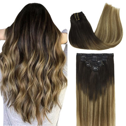 Picture of DOORES Clip in Hair Extensions Real Human Hair Balayage Dark Brown Fading to Chestnut Brown and Dirty Blonde 20 Inch 7pcs 120g Real Hair Extensions Straight Extensions Human Hair Natural