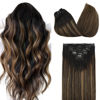 Picture of DOORES Human Hair Extensions Clip in Remy Black to Light Brown Balayage Clip in Hair Extensions Straight Natural Hair Extensions 7pcs 120g 18 Inch