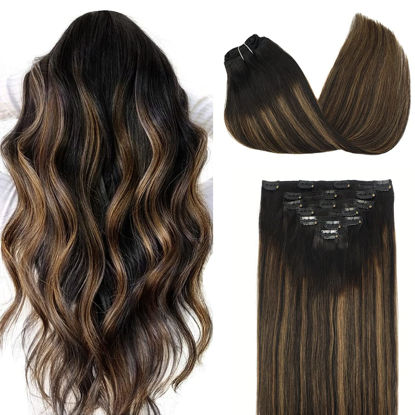 Picture of DOORES Hair Extensions Clip in Balayage Natural Black to Chestnut Brown Remy Human Hair Clip in Extensions Natural Hair Extensions Straight 20 Inch 7pcs 120g