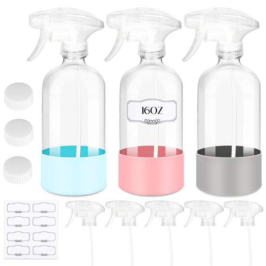 Picture of ZENOWICK 3 Pack/16 Oz Glass Spray Bottles, Refillable Empty Containers with Silicone Sleeve, Upgraded Adjustable Nozzle Spray Bottle Sets for Cleaning, Essential Oils, Hair