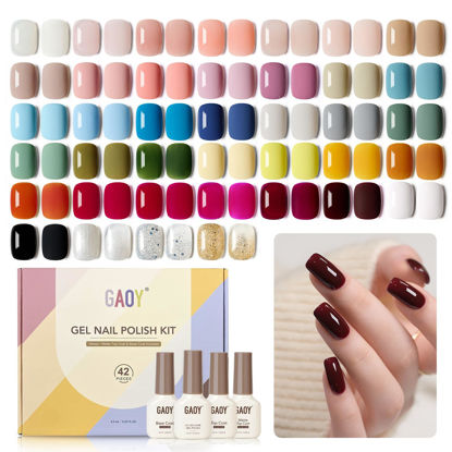 Picture of GAOY 42 Pcs Gel Nail Polish Kit, Black White Blue Jelly Pink Nude Glitter Colors All Seasons Gel Nail Polish Set with Glossy & Matte Top Coat and Base Coat for Salon and DIY Manicure at Home