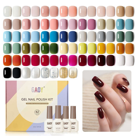 Picture of GAOY 42 Pcs Gel Nail Polish Kit, Black White Blue Jelly Pink Nude Glitter Colors All Seasons Gel Nail Polish Set with Glossy & Matte Top Coat and Base Coat for Salon and DIY Manicure at Home