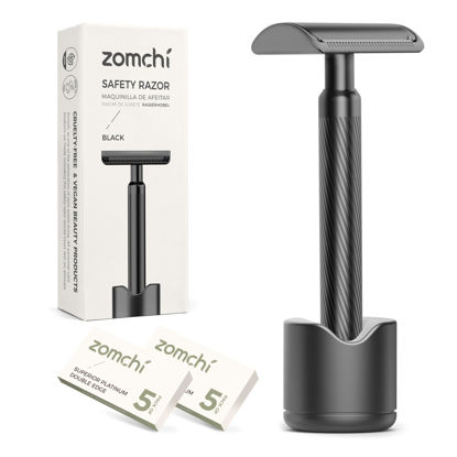 Picture of ZOMCHI Double Edge Safety Razor with Razor Stand, Men’s Metal Razor with 10 Safety Razor Blades, Reusable Razor for Men & Women - Matte Black