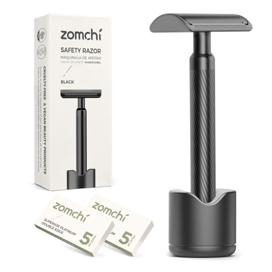 Picture of ZOMCHI Double Edge Safety Razor with Razor Stand, Men’s Metal Razor with 10 Safety Razor Blades, Reusable Razor for Men & Women - Matte Black