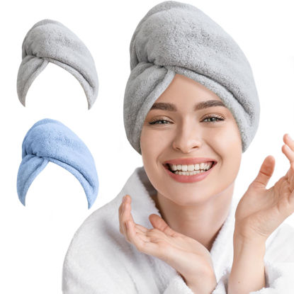 Picture of AGLIFEFY 2 Pack Microfiber Hair Towel Wrap for Women Super Absorbent Quick Dry Hair Turban for Drying Curly, Long & Thick Hair 10 inch X 26 inch Lightgrey+SkyBlue