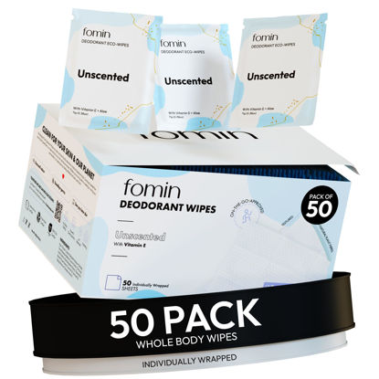 Picture of FOMIN Travel Deodorant Wipes - 50 Count - Unscented - pH Balanced, Hypoallergenic Mini Deodorant Wipes For Women and Men - Plastic-Free, Individually Wrapped Underarm & Body Wipes