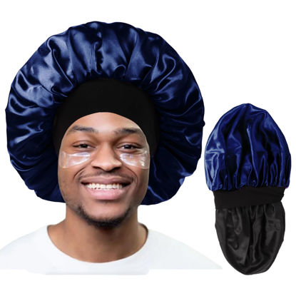 Picture of Bonnet for Men,Hair Bonnet for Sleeping,Double Layer Satin Bonnets for Black Women Curly Hair Braids,Reversible Sleep Cap (Large,Black/Navy)