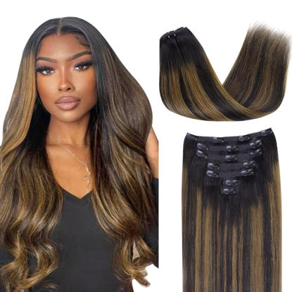 Picture of Lashey Human Hair Extensions Natural Black Mixed Chestnut Brown Clip in Hair Extesnions Straight 120g 7pcs Human Hair Clip ins 18 Inch Hair Extensions for Black Women Real Soft