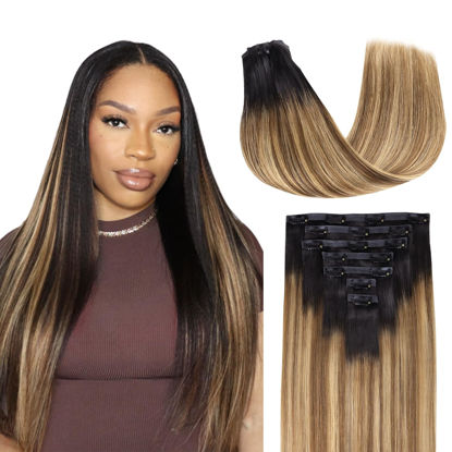 Picture of Lashey Seamless Hair Extensions Clip ins Human Hair 14 Inch 110g 7pcs Straight Seamless Clip in Hair Extensions Balayage Ash Brown to Honey Blonde Natural Hair with Dark Roots
