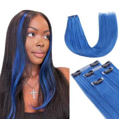 Picture of Lashey Hair Extensions Real Human Hair 48g 4pcs Blue Hair Extensions 20 Inch Long Straight Seamless Clip in Hair Extensions Human Hair