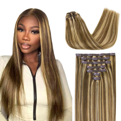 Picture of Lashey Hair Extensions Clip in Hair Extesnions 18 Inch 120g 7pcs Straight Clip in Hair Extensions Balayage Ash Brown to Honey Blonde Real Human Hair for Black Women