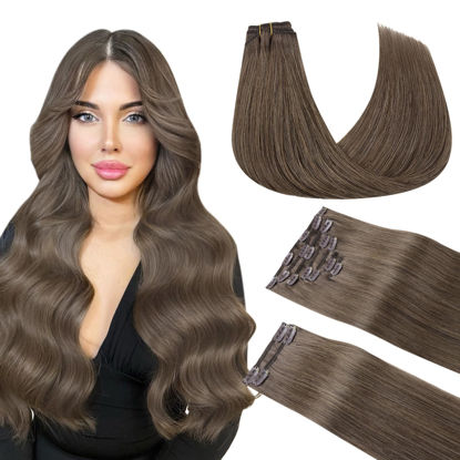Picture of DOORES Clip in Human Hair Extensions, Light Ash Brown 150g 9pcs 20 Inch, Clip in Hair Extensions Real Human Hair Real Natural Hair Extensions for Women Clip in Thick Silky Straight Extensions
