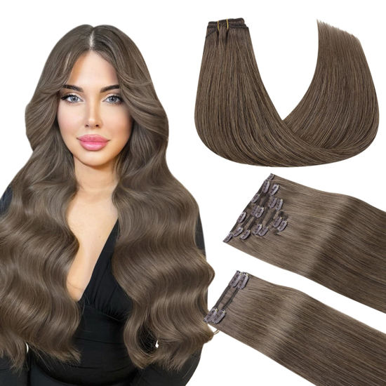 Picture of DOORES Clip in Human Hair Extensions, Light Ash Brown 150g 9pcs 20 Inch, Clip in Hair Extensions Real Human Hair Real Natural Hair Extensions for Women Clip in Thick Silky Straight Extensions