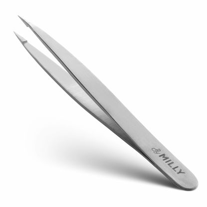 Picture of By MILLY Pointed Tweezers | High Carbon Stainless Steel Needle Nose Tweezers | Fine Point Tweezers Precision Hair Removal | Perfectly Aligned & Hand-Filed Sharp Tweezers | Silver