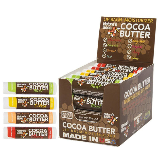 Picture of Nature's Bees - Cocoa Butter Lip Balm Moisturizer - Tropical 24 Pack, 4 Flavors - Citrus, Coconut, Cherry, & Mint - Made w/Coconut Oil, Beeswax, Vitamin E, Aloe, Shea Butter - 0.15oz (4.2g)