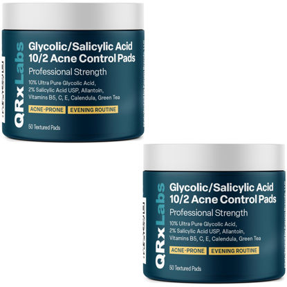 Picture of QRxLabs Glycolic/Salicylic Acid 10/2 Acne Control Pads with 10% Ultra Pure Glycolic + 2% Salicylic Acid, Allantoin, Vitamins B5, C & E, Calendula Green Tea - Most Effective Treatment Clear Skin - 2PK