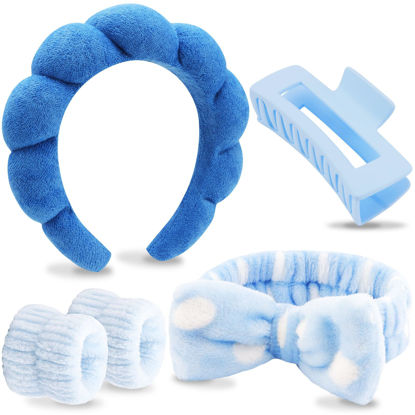 Picture of VELSCRUN 5 Pcs Navy Blue Puffy Sponge Spa Headband Bow Tie Hair Band Hair Clips Wristband Set, Spa Headbands for Wash Face, Makeup Headband, Facial Skincare Headbands Women Girls Hair Accessories