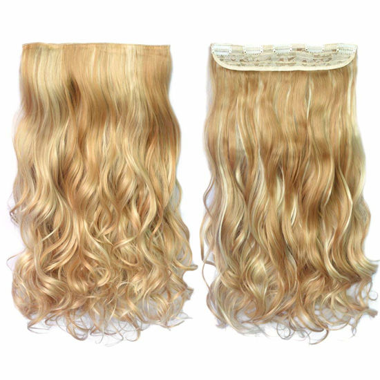 Picture of REECHO 20" 1-Pack 3/4 Full Head Curly Wave Blonde Mixed Hair Color Clips in on Synthetic Hair Extensions HE008 Hairpieces for Women 5 Clips 4.5 Oz per Piece - Medium Blonde with Highlights