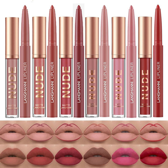 Picture of LANGMANNI 6 Matte Lipstick with 6 Lipliners Durable Makeup Set,Long-Lasting Non-Stick Cup Not Fade Waterproof Pigmented Velvet Lipgloss Kit Beauty Cosmetics Makeup Gift for Girls (#C)
