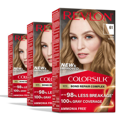 Picture of Revlon ColorSilk with Bond Repair Complex, Permanent Hair Color, 100% Gray Coverage, Ammonia Free Hair Dye, Vegan Keratin, 61 Dark Blonde (Pack of 3)