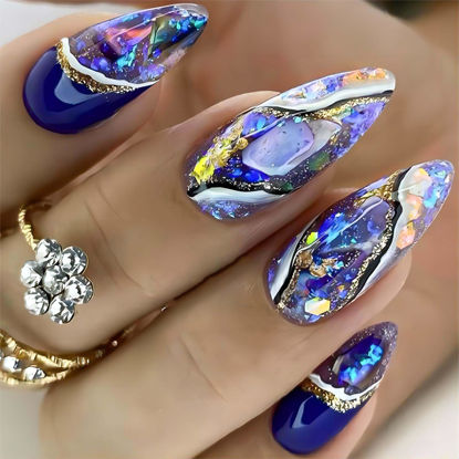 Picture of RUOKEXIN Blue Nail Press ons Almond Press on Nails Medium Fake Nails with Glue Gold Glitter Acrylic Fake Nails with Designs Glossy Glazed Amber Pattern Artificial Nails Stick on Nails for Women 24Pcs