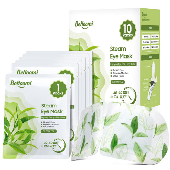 Picture of BeHoomi Steam Eye Mask, 10 Packs Heated Eye Mask, Self Heating Disposable SPA Warm Compress for Eyes Sleep Mask, Soothing Moist Heat Eye Masks, Travel Essentials & Relaxation Gifts (Green Tea Scent)
