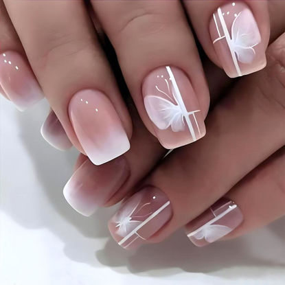Picture of Square Press on Nails Short White Gradient Fake Nails with Butterfly Lines Design Nails Press ons Light Pink Full Cover Glue on Nails Glossy False Nails Artificial Stick on Nails for Women 24Pcs