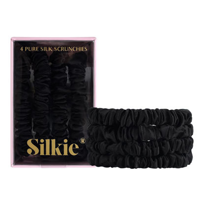 Picture of SILKIE x4 Set - Better than Satin - 100% Pure Mulberry Silk Black on Black Skinny Scrunchies Travel Pouch Everyday Hair Ties Elastics Hair Care Ponytail Holder No Damage (Noir)