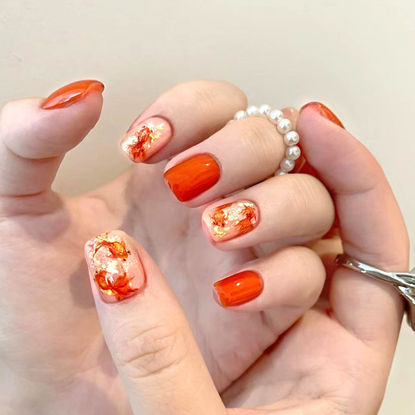 Picture of Red Press on Nails Short Square Fake Nails Cute Goldfish Glitter Design Glue on Nails Red Full Cover False Nails Press ons Glossy Artificial Stick on Nails for Women 24Pcs