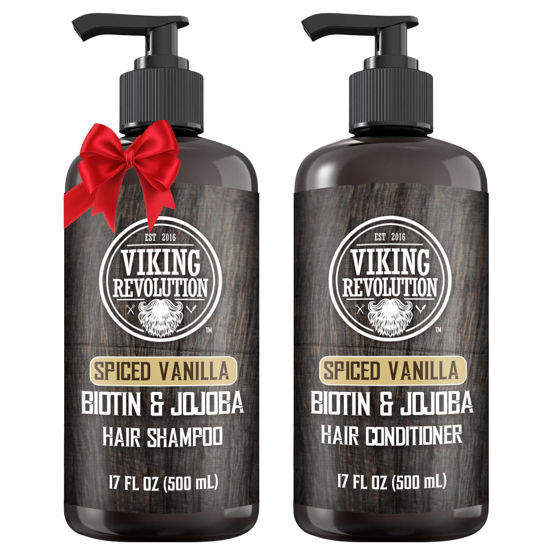 Picture of Viking Revolution Spiced Vanilla Mens Shampoo and Conditioner Set with Biotin and Jojoba Oil - Natural Hair Shampoo and Hair Conditioner for Men with Vitamin B5 - Mens Shampoo for Thinning Hair (17Oz)