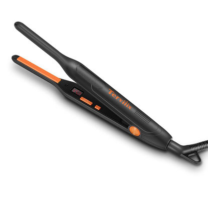 Picture of Terviiix Small Flat Iron for Short Hair, Temperature Adjustable Pencil Flat Iron Fast Heat Up, 3/10 Inch Beard Straightening Iron Dual Voltage with Tourmaline Ceramic Plates, Auto Shut Off